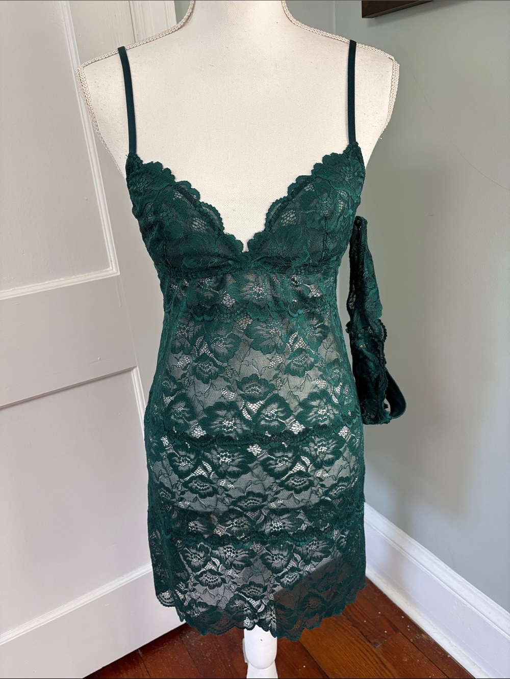 NWT Blush Lace Chemise Slip Nightdress & Matching Thong Panties Forest Green